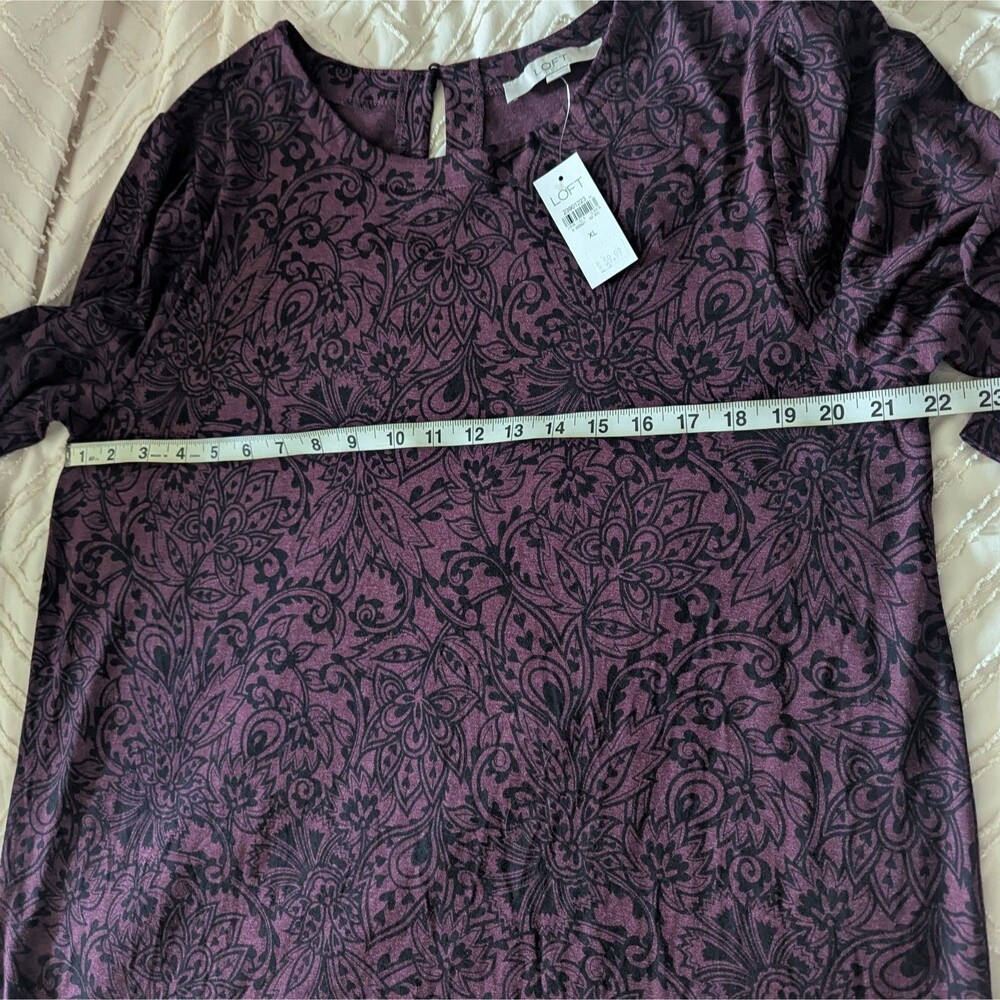 NWT LOFT Women's Size XL Plum & Black Paisley Drop Waist Ruffle Hem Dress - Picture 5 of 6